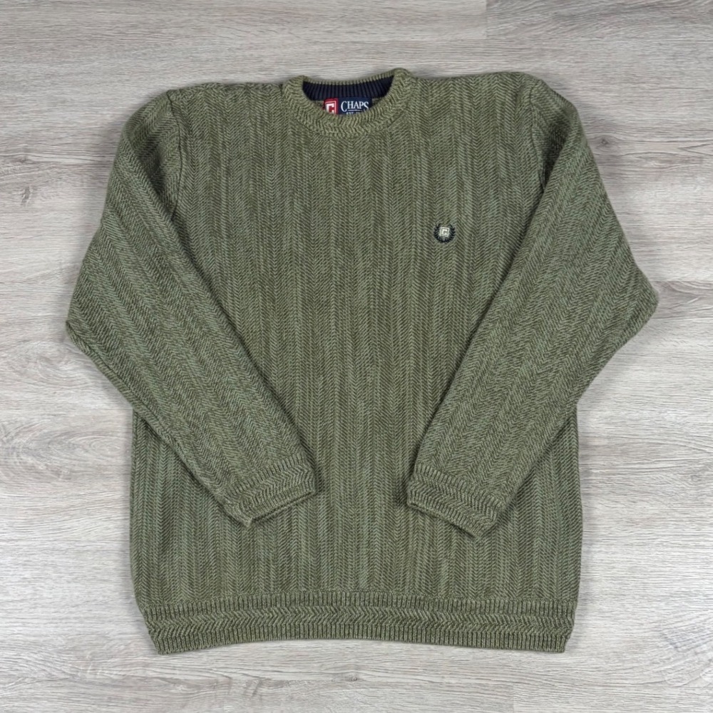 Vintage Chaps Herringbone Knit Sweater Mens M Green Cotton Crew Neck Long Sleeve